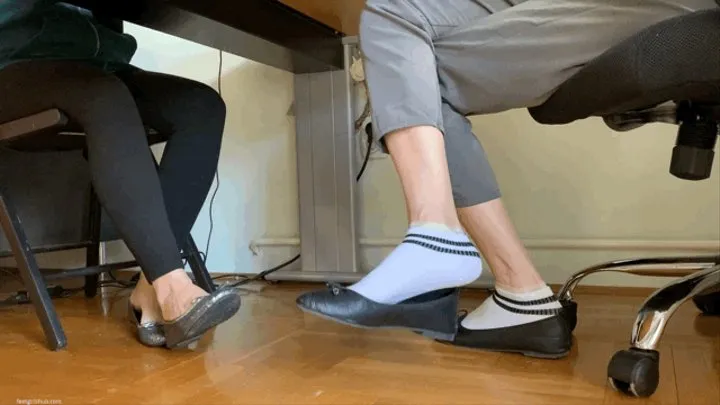 OFFICE SHOEPLAY DANGLING IN FLATS UNDER DESK AND SWAPPING SHOES BY ACCIDENT