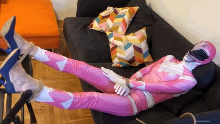 BIG FEET TICKLED IN PINK POWER RANGER COSTUME SUPERHERO TICKLING