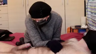 CFNM long teasing handjob with winter gloves leads to hands free cumshot