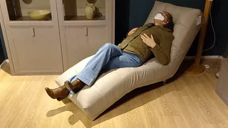 Risky public crossed legs orgasm in a furniture store