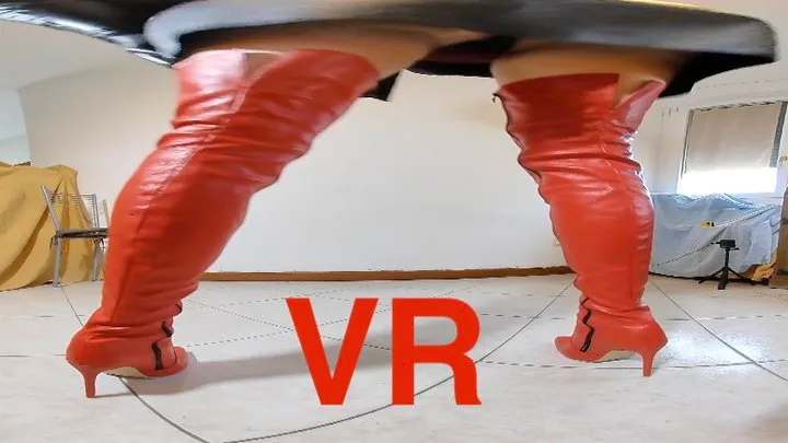 Long red boots leather dress and gloves posing VR