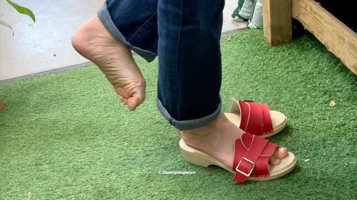 Candid Shoeplay Dipping Wooden Clog Sandals in the Garden Centre Part 1