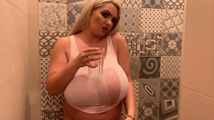 Wet white t-shirt on my huge boobs