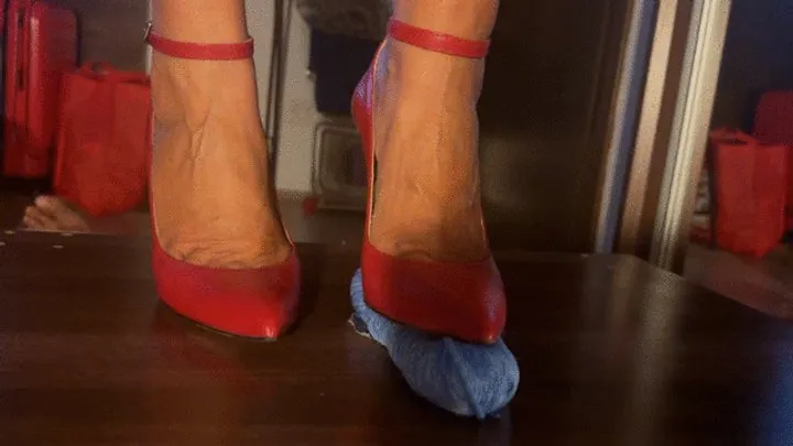 Sexy red stilettos and Pantyhose cock shoejob