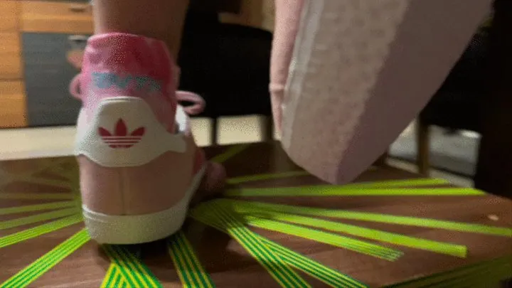 Full weight ball and cock standing with pink adidas gazelle