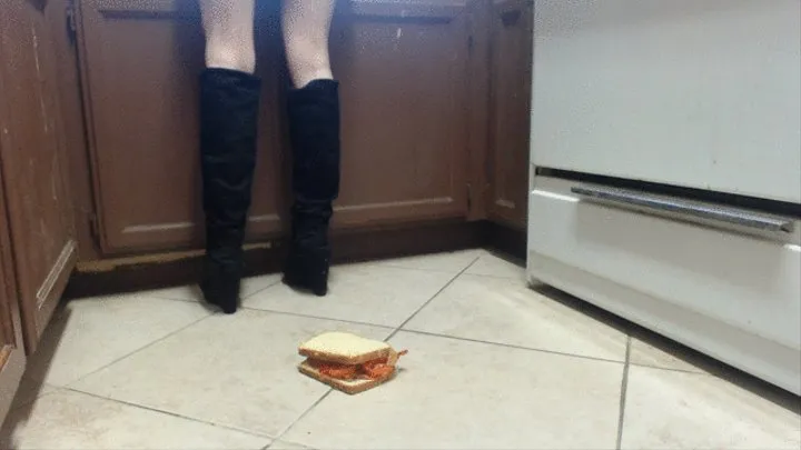 Teen Black Wedge Heel Boots Stepping and Squishing a Pathetic Sandwich