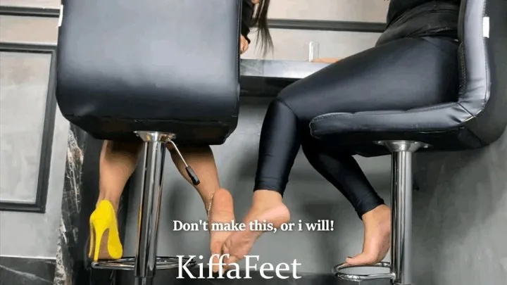 MOBILE - Goddess Kiffa and Vic - Footsie with friends on bar and Foot pov - FOOTSIE - FEET - SOLES - DANGLING - HIGH HEELS - SCARPIN - TOE CLAMPING - SCRUNCHED SOLES