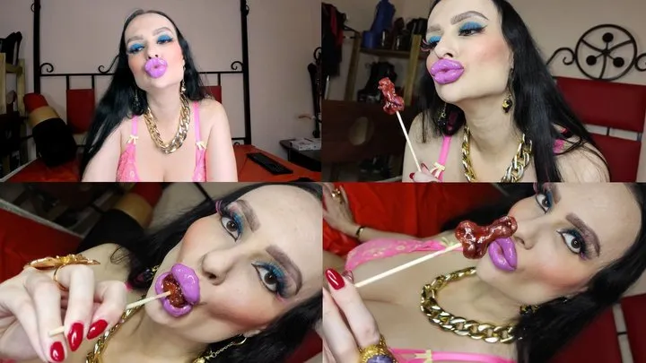 Bimbo in pink lingerie teases you with her huge lips, applies lipstick and sucks a lollipop with fresh filler in her lips!