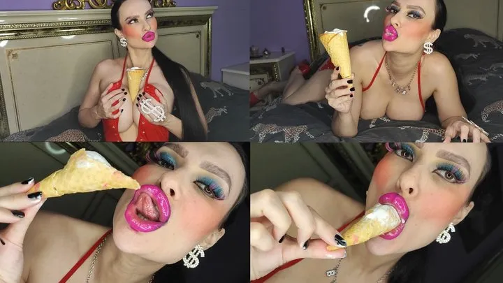 Big-lipped bimbo with glossy lipstick eats ice cream