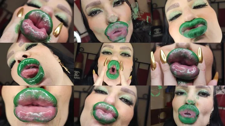 Green minty lipstick glossy pouty bimbo kisses