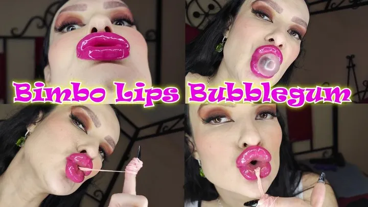 Huge glossy pink lipstick lips, bubble gum, lip vibration