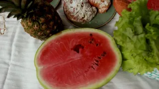 tongue play with juicy watermelon