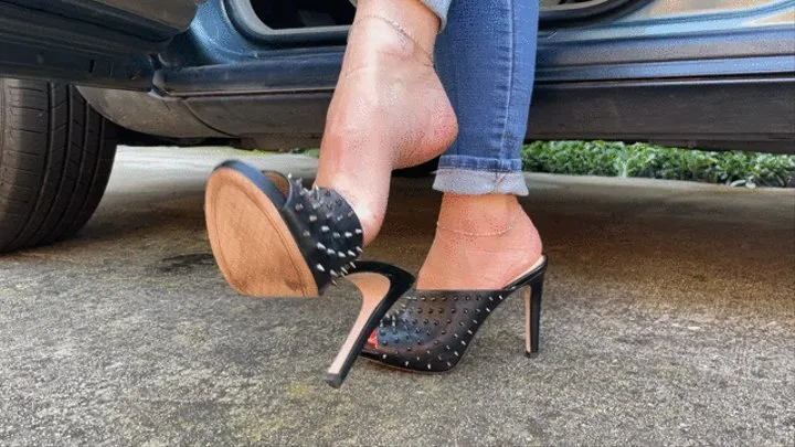Cranking the Volvo in Spiked Black Leather Open Toe High Heel Mules & Barefoot