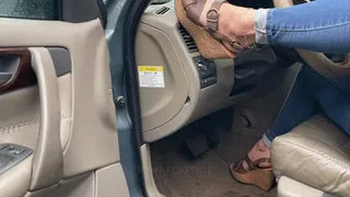 Mimi Cranks the Volvo in the Rain with Wedge Sandals & Barefoot