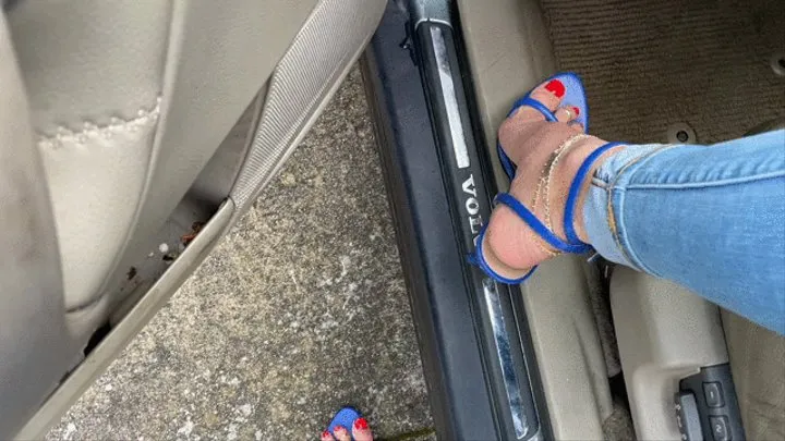 Cranking the Volvo in Blue High Heel Sandals & Barefoot