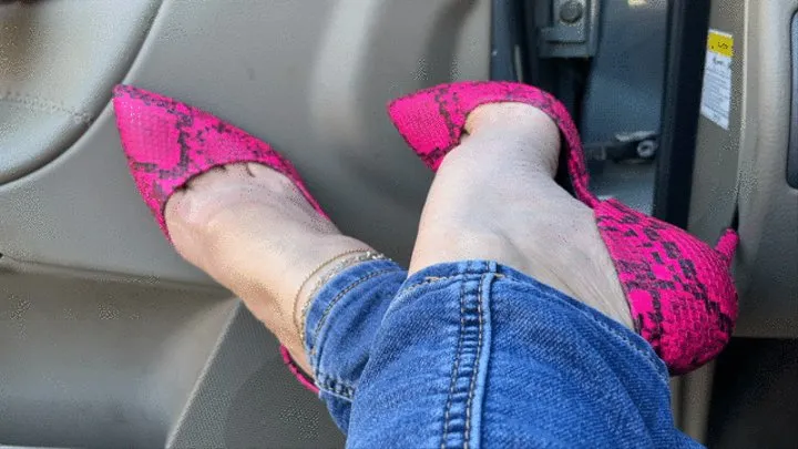 Mimi Dangles Hot Pink Pumps in The Car