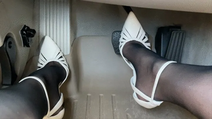 BMW Drive in Black Nylons & Cream High Heels