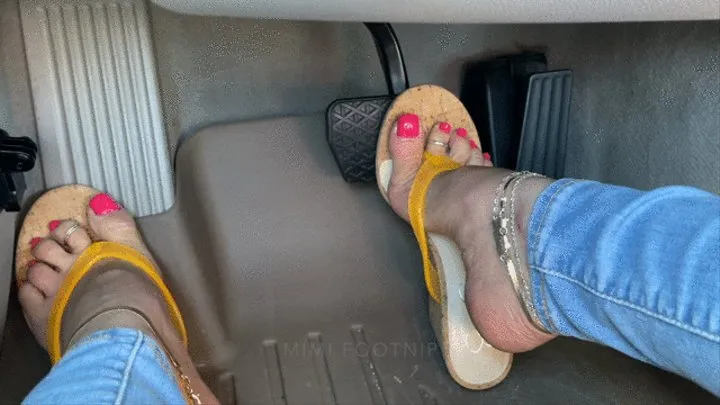 Mimi Drives The BMW in Cork Wedge Orange Thongs