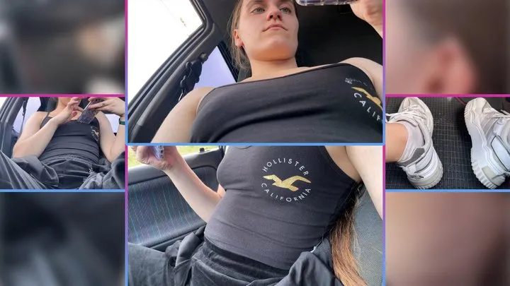 Lonely Girl Breathes Deeply in Car in Parking Lot - Pedals pumping - Sneakers - Belly fetish - Breath play - Girl driver - Voyeur - Tits - Face fetish - Foot fetish - Bloating - Belly inflation