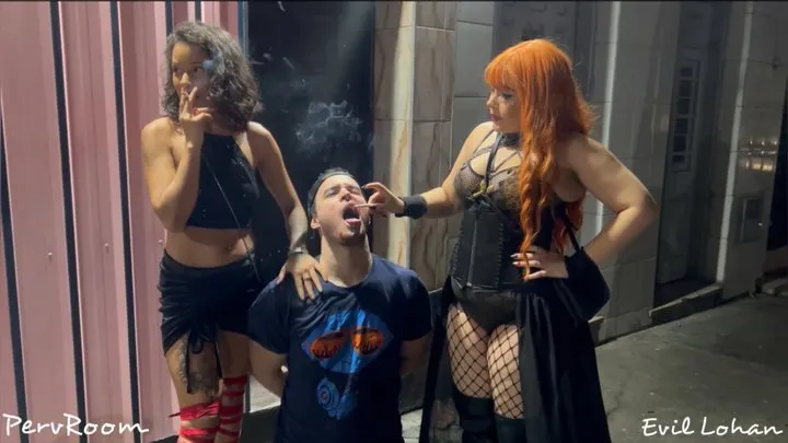 Two Dommes using human ashtray slave