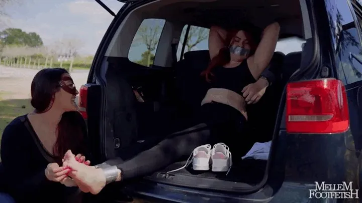 The hitchhiker tickles armpits and feet by 2 protagonists FEAT ROMYFETISH TAPE BONDAGE-TAPE GAGGING-FEATHER TICKLING-FOOT TICKLING-SOLES OF OILED FEET