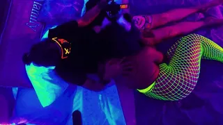 Watch Overhead Thicc Ebony NEKO Little Bleu J gets fucked in Neon Fishnets under Blacklight