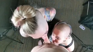 Tattooed Double Blowjob with Double Facial