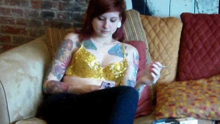 RED HEAD TATTOO GIRL MOLLY TEXTING AND SMOKING