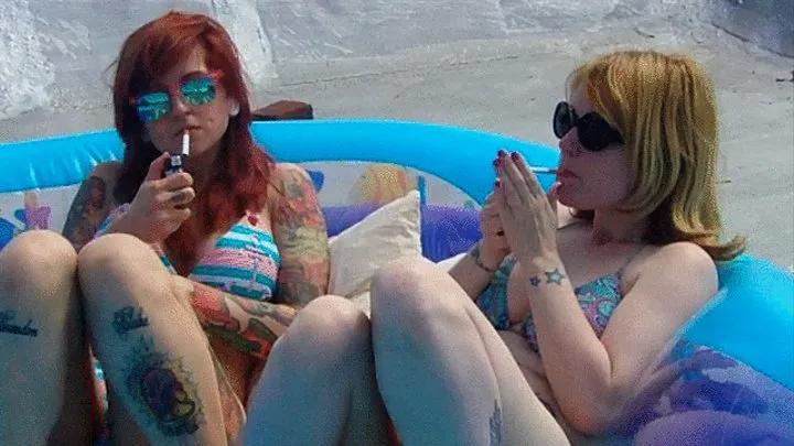 RED HEAD BABE MOLLY ENJOYS A SMOKE WITH NEIGHBOOR IN POOL