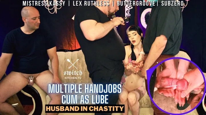 Wife Gives Multiple Handjobs to Strangers and she uses Cum as Lube for them and makes them cum on Hubbys Chastity Cage | MP4