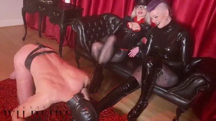 Boot Slut worships two Latex Goddesses