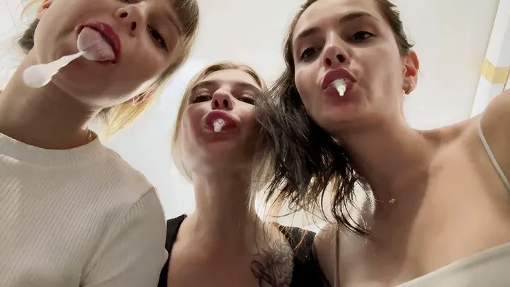 Teeth Brushing Spitting POV Triple Female Domination