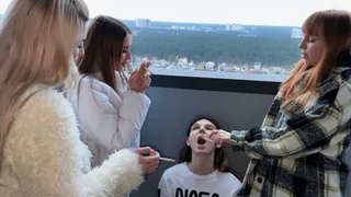 Sadistic Humiliation Of Human Ashtray With Spit And Ashes - Public Lezdom Party