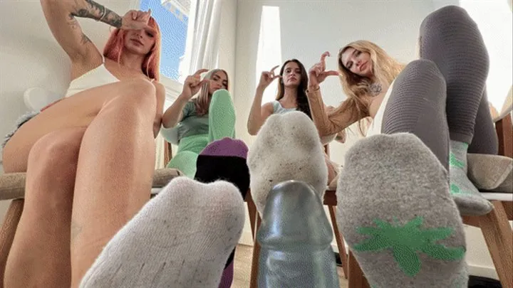 POV Small Cock Humiliation, POV Footjob, POV Socks and Bare Feet Fetish With Four Mistresses