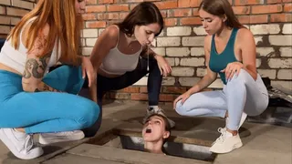 Three Girls Spitting On A Slave Captive In Dirty Basement