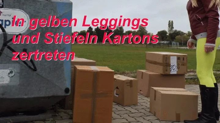 Crushing boxes in yellow leggings and boots - In gelben Leggings und Stiefeln Kartons zertreten