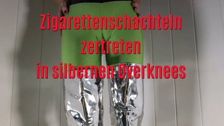 Cigarette packets crushed in silver overkneess - Zigarettenschachteln zertreten in silbernen Overknees