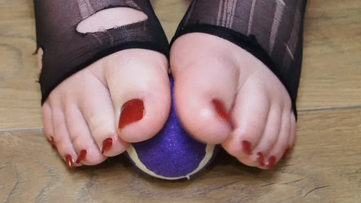 #2 BBW feet playing with tennis ball in old torn black stockings (no talking)