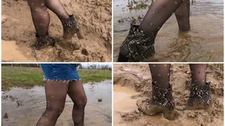 Walking in deep soft mud in crocodile ankle boots wet socks and pantyhose