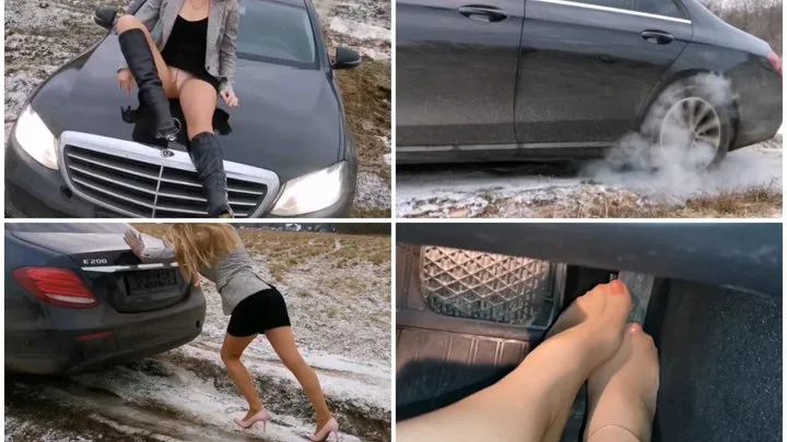 Sexy babe makes drift and got stuck in mud and snow in luxury Mercedes E-class