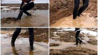 Walking in high heels boots in deep water and mud