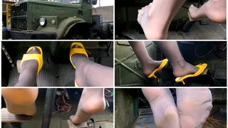 Monster truck KRAZ pedal pumping in grey pantyhose and sexy mules