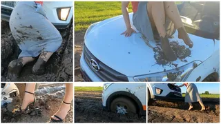 Car stuck in deep soft mud retro outfit wet and muddy high heels and feet