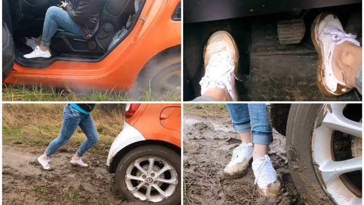 Sexy girl in Puma snickers got stuck in car in deep mud