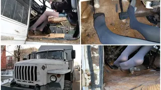 Monster truck URAL hard revving and pedal pumping in opaque pantyhose