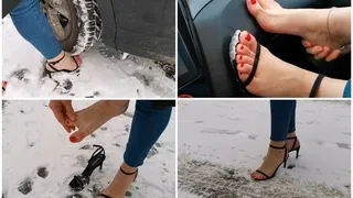 Sexy girl suffers from running over her barefoot feet in sandals