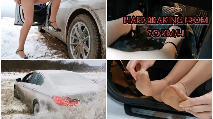 Russian girl got stuck in BMW 5-series crazy drift, hard braking and revving