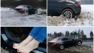 Crazy drift on snow in luxury BMW 5-series