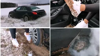 Car stuck in mud, crazy drift and hard revving in luxury Mercedes C-class