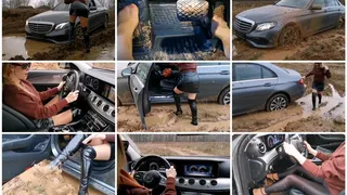 Russian girl got stuck hard in deep soft mud in luxury Mercedes E-class 4Matic